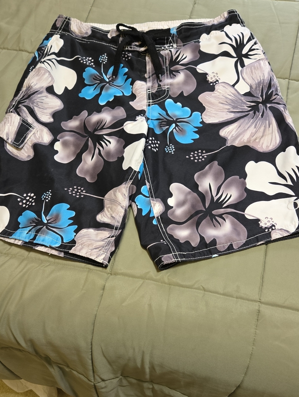 OP Men's Black Floral Swim Board Shorts with Blue and Gray Hibiscus